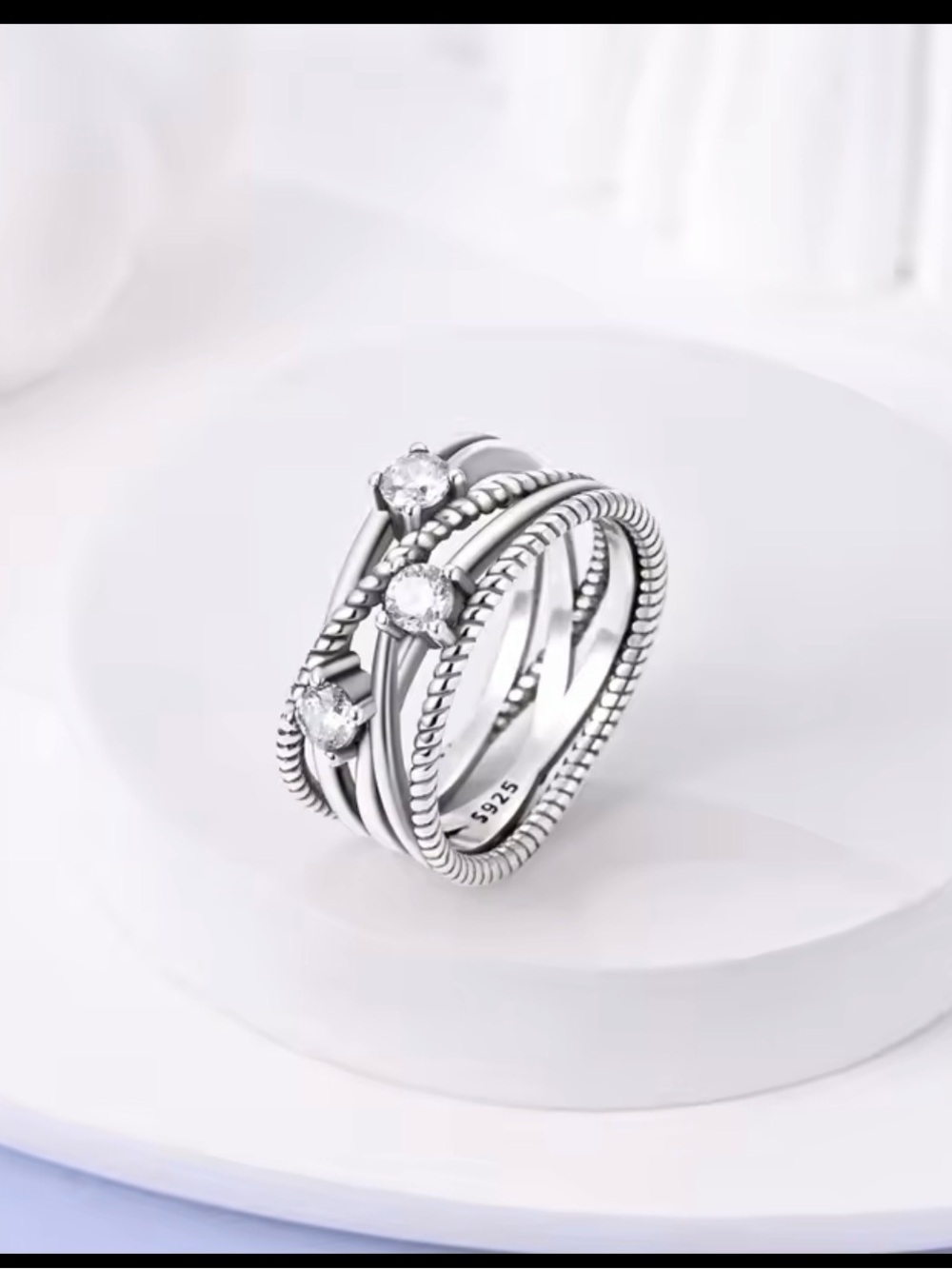 925 Sterling Silver Multi-Band CZ Fashion Ring - Silver